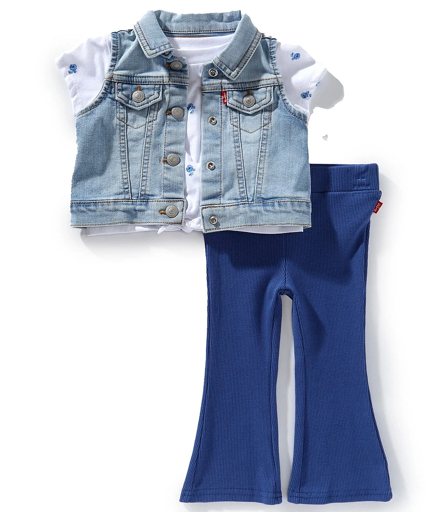 Levi's® Baby Girls Sleeveless Denim Vest, Short Sleeve Ditsy-Floral-Printed T-Shirt & Ribbed Stretch Leggings Set