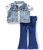 Levi's® Baby Girls Sleeveless Denim Vest, Short Sleeve Ditsy-Floral-Printed T-Shirt & Ribbed Stretch Leggings Set