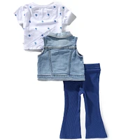 Levi's® Baby Girls Sleeveless Denim Vest, Short Sleeve Ditsy-Floral-Printed T-Shirt & Ribbed Stretch Leggings Set