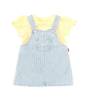 Levi's® Baby Girls Newborn-24 Months Short Puffed Sleeve Jersey Bodysuit & Sleeveless Printed Denim Jumper Dress Set