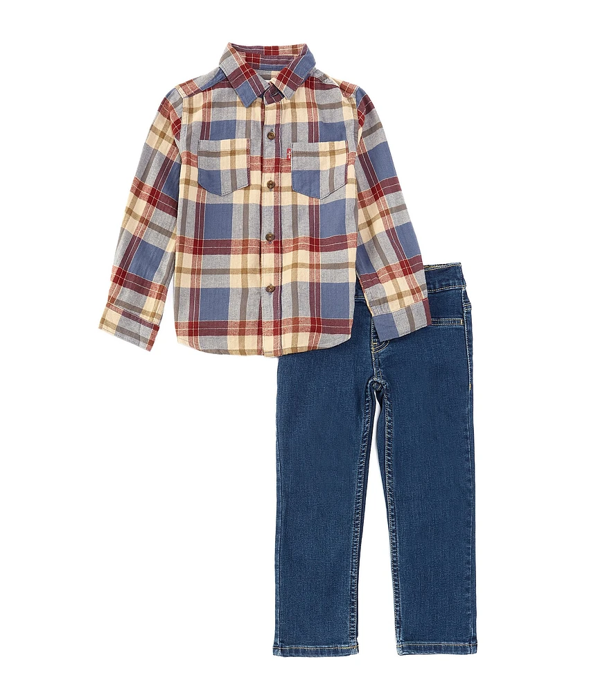 Levi's® Little Boys 2T-7 Long Sleeve Plaid Flannel Shirt & Pull-On Denim Pants Set