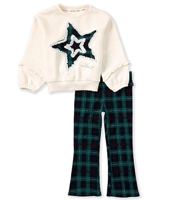 Levi's® Little Girls 2T-6X Long Sleeve Star Applique Fleece Oversized Sweatshirt & Plaid Jacquard-Knit Flared Leggings Set