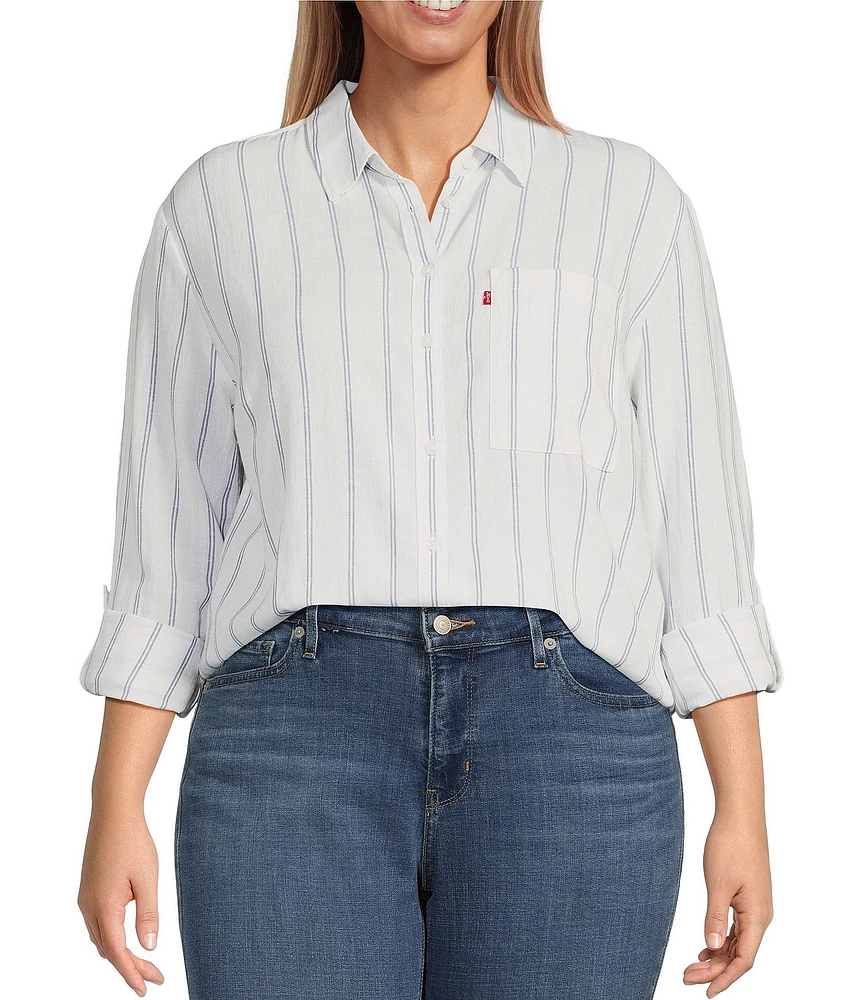 Levi's Plus Size Stripe Point Collar 3/4 Sleeve Button Front Shirt