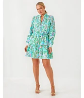 Lilly Pulitzer Arletta Floral Sun Of A Bun Print Collar V-Neck Long Blouson Sleeve Dress
