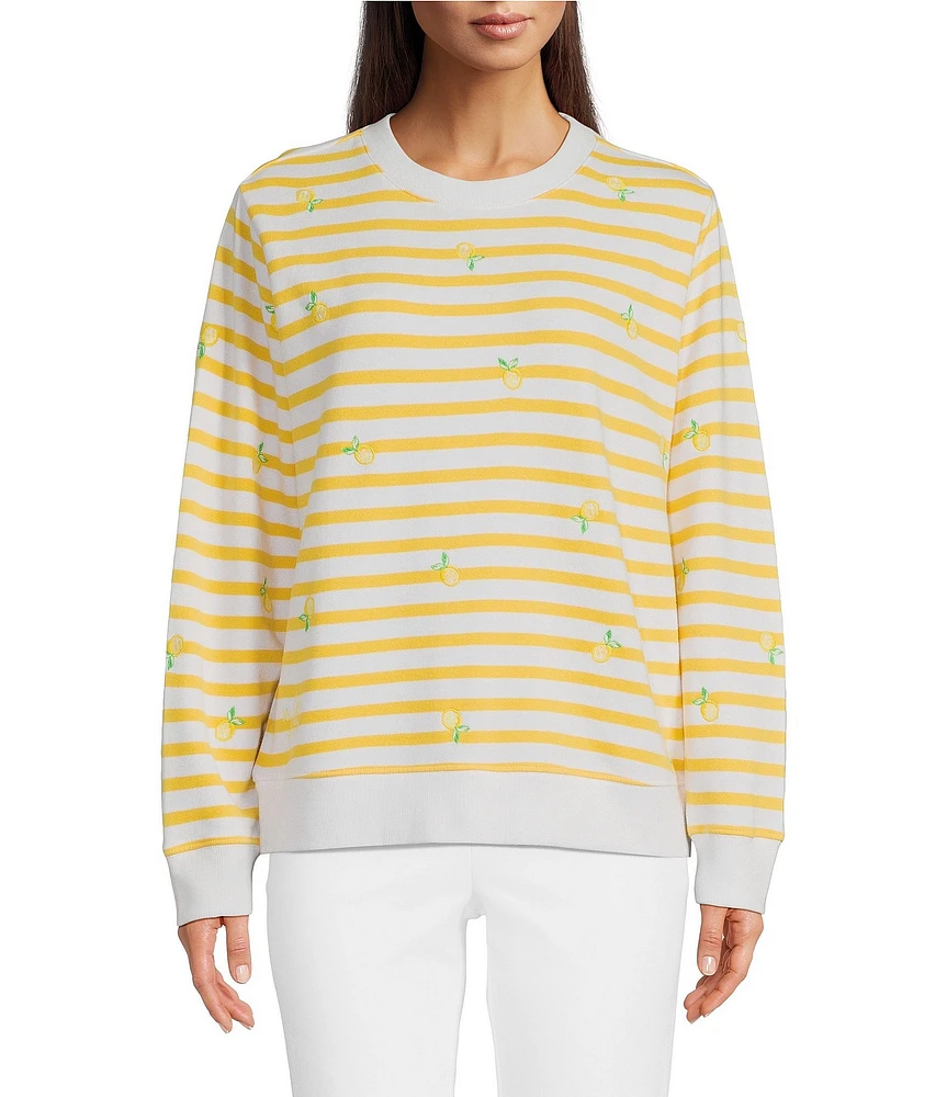 Lilly Pulitzer Ballad Stripe Lemon Fruit Print Embroidered Crew Neck Long Sleeve Sweatshirt