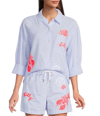 Lilly Pulitzer Bondi Jacaranda Beach Day Embroidered Seacret Stripe Print Point Collar Long Sleeve Coordinating Top