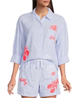 Lilly Pulitzer Bondi Jacaranda Beach Day Embroidered Seacret Stripe Print Point Collar Long Sleeve Coordinating Top