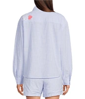 Lilly Pulitzer Bondi Jacaranda Beach Day Embroidered Seacret Stripe Print Point Collar Long Sleeve Coordinating Top