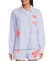 Lilly Pulitzer Bondi Jacaranda Beach Day Embroidered Seacret Stripe Print Point Collar Long Sleeve Coordinating Top