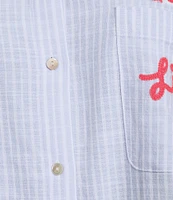Lilly Pulitzer Bondi Jacaranda Beach Day Embroidered Seacret Stripe Print Point Collar Long Sleeve Coordinating Top