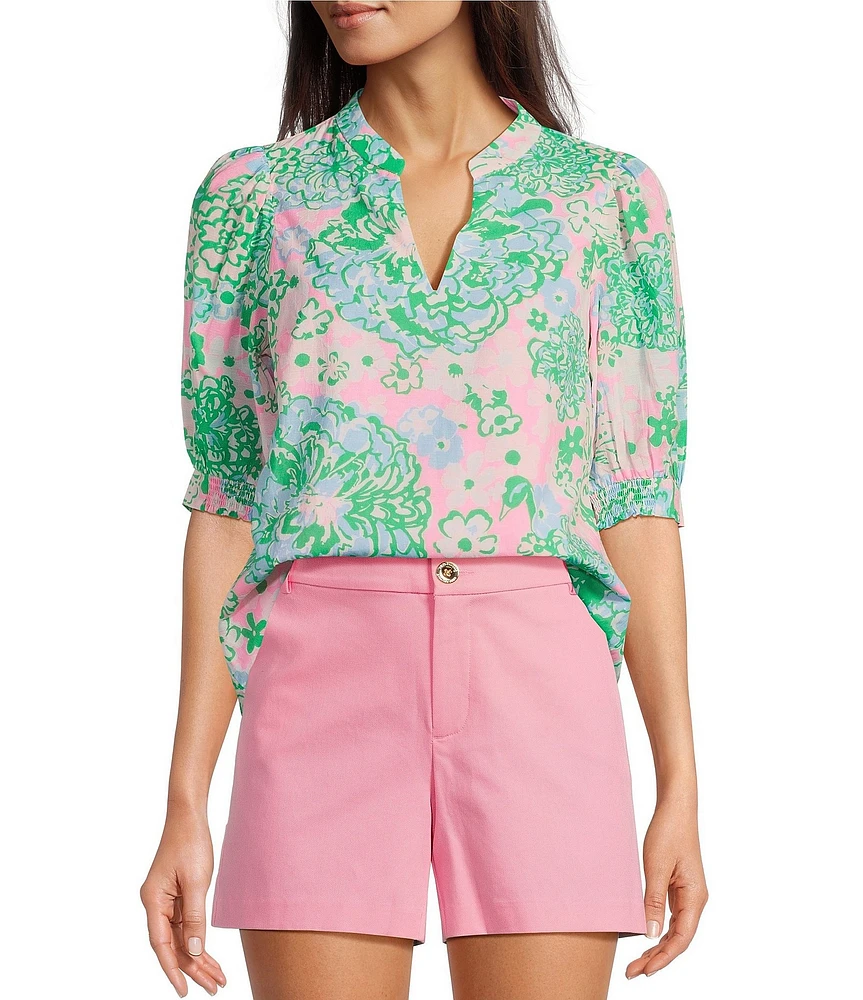 Lilly Pulitzer Brinelle Plumes In Bloom Notch Neck Elbow Puff Sleeve Blouse