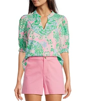Lilly Pulitzer Brinelle Plumes In Bloom Notch Neck Elbow Puff Sleeve Blouse