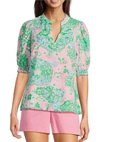 Lilly Pulitzer Brinelle Plumes In Bloom Notch Neck Elbow Puff Sleeve Blouse