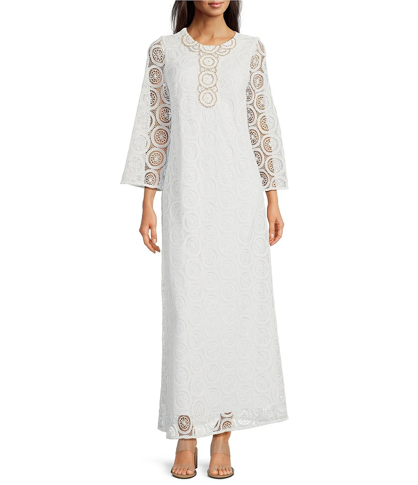 Lilly Pulitzer Burnett Butterfly Medallion Lace Beaded Round Neck 3/4 Sleeve Maxi Dress