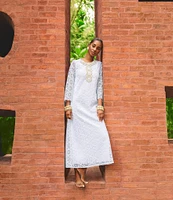 Lilly Pulitzer Burnett Butterfly Medallion Lace Beaded Round Neck 3/4 Sleeve Maxi Dress
