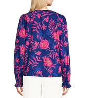 Lilly Pulitzer Coulter Cotton Poplin Floral Print Split V-Neck Long Sleeve Top