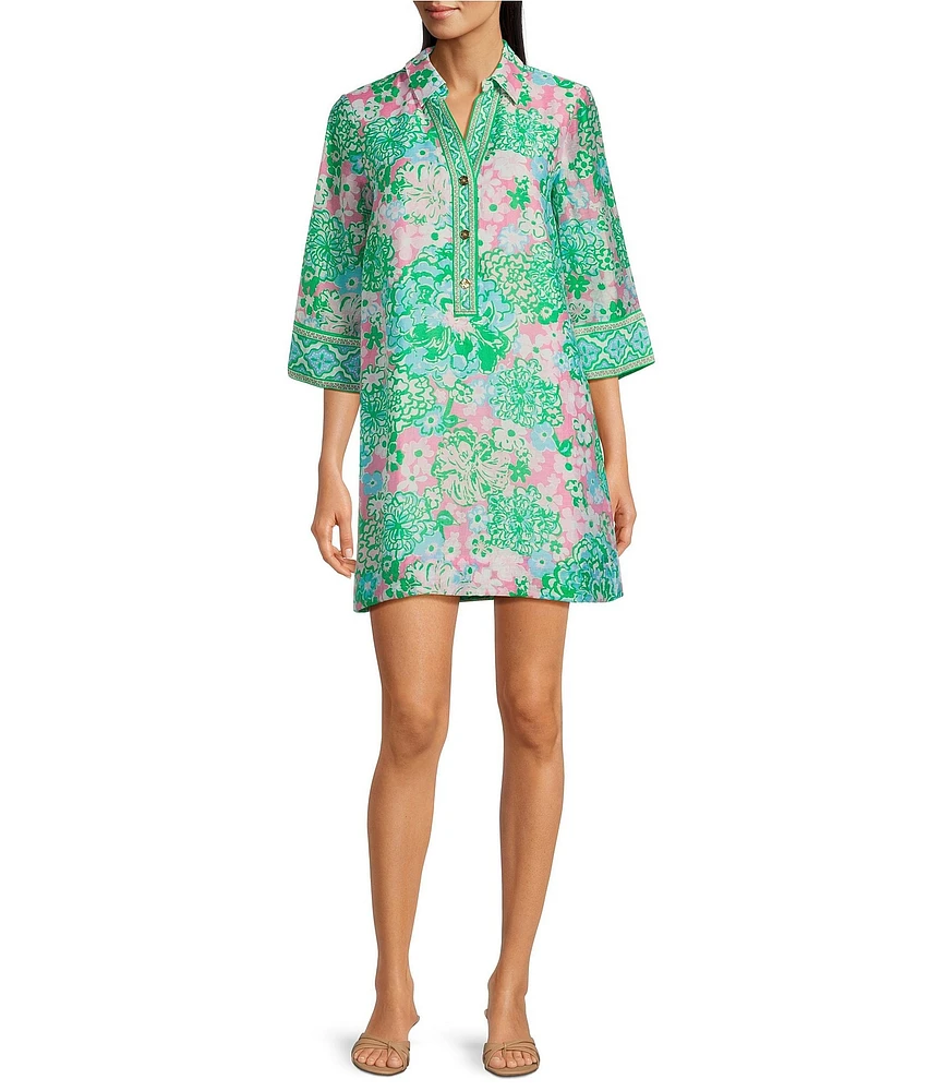 Lilly Pulitzer Daphnie Plumes In Bloom Linen Blend Print Collar Neck 3/4 Bell Sleeve Tunic Dress