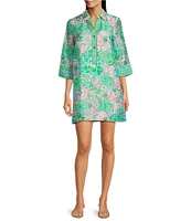 Lilly Pulitzer Daphnie Plumes In Bloom Linen Blend Print Collar Neck 3/4 Bell Sleeve Tunic Dress