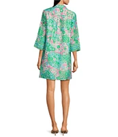 Lilly Pulitzer Daphnie Plumes In Bloom Linen Blend Print Collar Neck 3/4 Bell Sleeve Tunic Dress