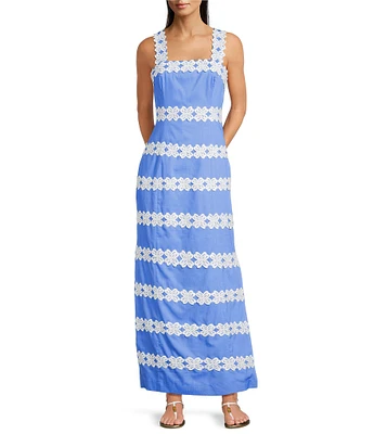 Lilly Pulitzer Davis Vintage Dobby Lily Lace Trim Square Neck Sleeveless Maxi Dress