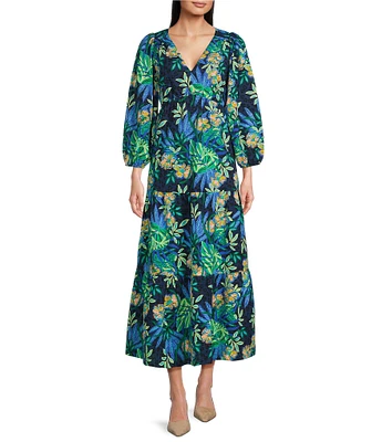 Lilly Pulitzer Deacon Paradise Pucker Print V-Neck 3/4 Sleeve Maxi A-Line Dress