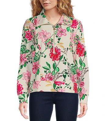 Lilly Pulitzer Eleni Luxe Terry Floral Print Collar Bracelet Sleeve Quarter Zip Top