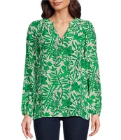 Lilly Pulitzer Elsa Silk Leaf Print V-Neck Button Front Bracelet Sleeve Top