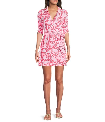 Lilly Pulitzer Ibby Cane Coral Crab Print Surplice V-Neck Elbow Sleeve Skirted Romper