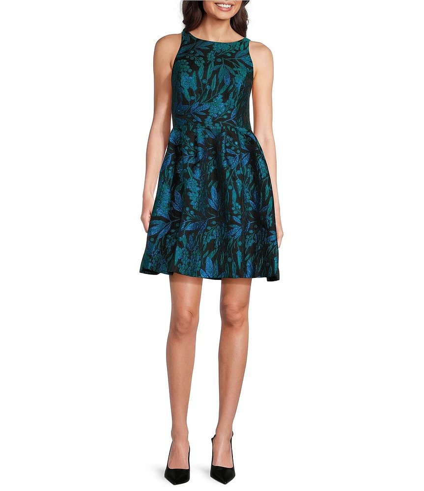 Lilly Pulitzer Jollian Printed Metallic Brocade Crew Neck Sleeveless Pleated Fit & Flare Dress