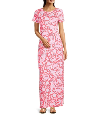 Lilly Pulitzer Kaden UPF 50+ Chillylilly Coral Crab Print Crew Neck Short Sleeve Maxi Dress
