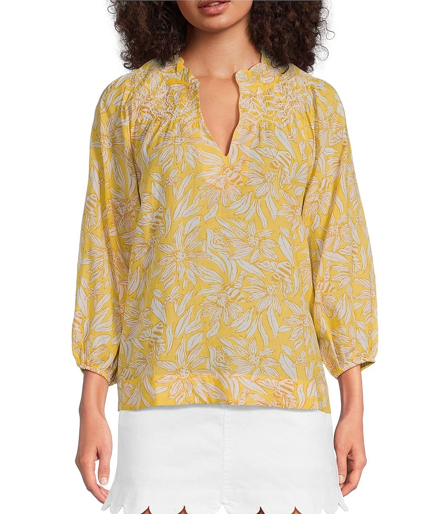 Lilly Pulitzer Lourdes Honeycomb Hideaway Print Split Ruffle V-Neck 3/4 Puff Sleeve Blouse