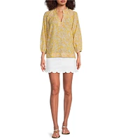 Lilly Pulitzer Lourdes Honeycomb Hideaway Print Split Ruffle V-Neck 3/4 Puff Sleeve Blouse