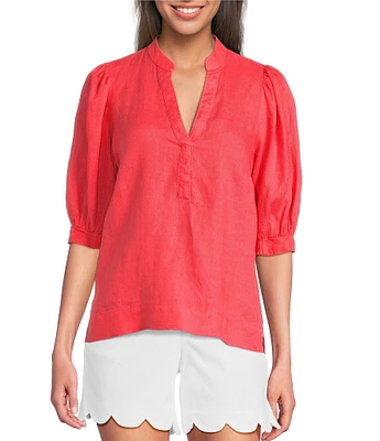 Lilly Pulitzer Mialeigh Linen Notch Collar Elbow Puff Sleeve Top