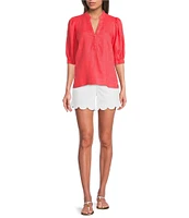 Lilly Pulitzer Mialeigh Linen Notch Collar Elbow Puff Sleeve Top