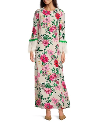 Lilly Pulitzer Nathalia Printed Silk Crew Neck 3/4 Sleeve Faux Feather Trim Maxi Dress