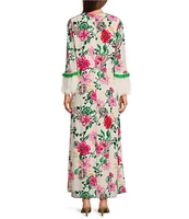 Lilly Pulitzer Nathalia Printed Silk Crew Neck 3/4 Sleeve Faux Feather Trim Maxi Dress