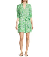 Lilly Pulitzer Renelle Daffodil Hill Print Split V-Neck Elbow Puff Sleeve Tie Waist Dress