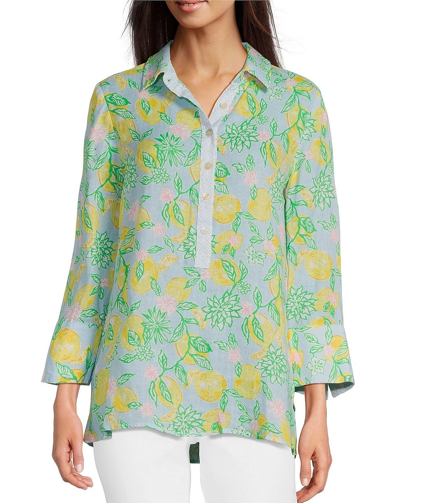 Lilly Pulitzer Riverlyn Seacoast Linen Make Lemonade Fruit Print Point Collar Long Sleeve Tunic