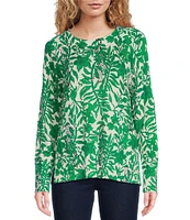 Lilly Pulitzer Salima Knit Leaf Print Crew Neck Bracelet Sleeve Ribbed Sweater