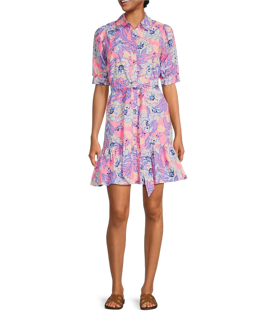 Lilly Pulitzer Sashria Printed Cotton Poplin Collar Neck Short Sleeve Button Front Shirt Dress