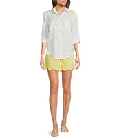 Lilly Pulitzer Sea View Linen Honeycomb Print Point Collar Long Sleeve Button Down Top