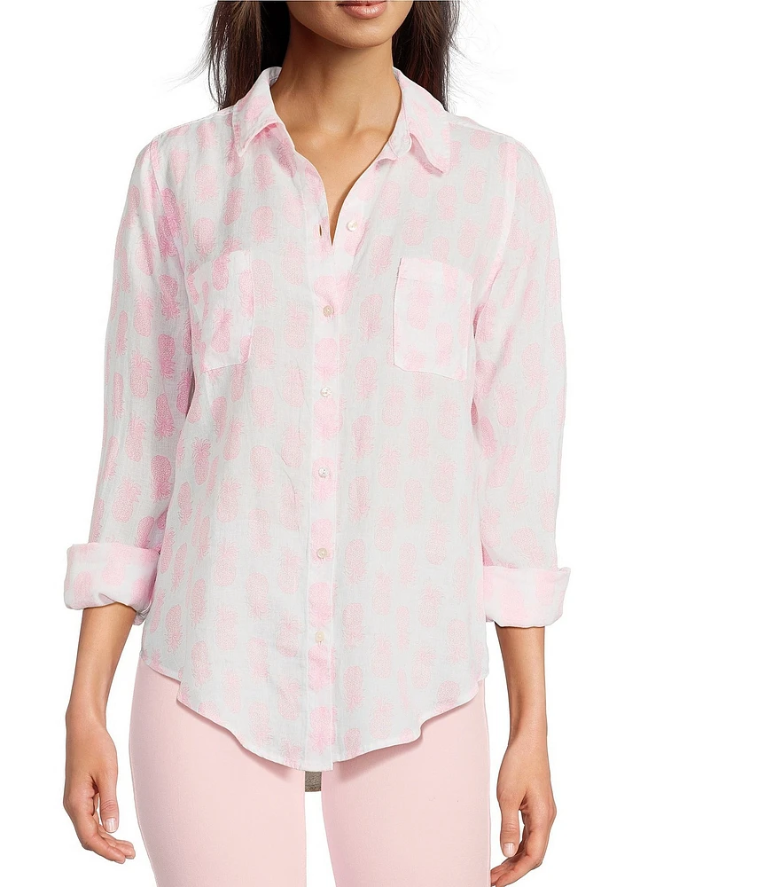 Lilly Pulitzer Sea View Slice Of Sunshine Pineapple Fruit Print Linen Point Collar Long Sleeve Button Down Shirt
