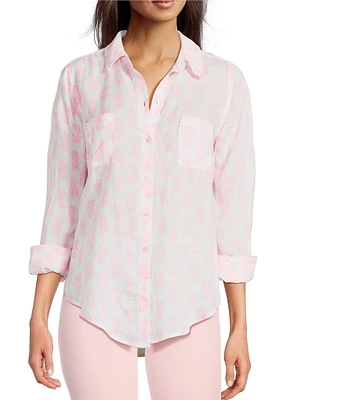 Lilly Pulitzer Sea View Slice Of Sunshine Pineapple Fruit Print Linen Point Collar Long Sleeve Button Down Shirt