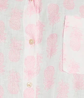 Lilly Pulitzer Sea View Slice Of Sunshine Pineapple Fruit Print Linen Point Collar Long Sleeve Button Down Shirt
