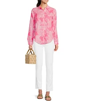 Lilly Pulitzer Sea View Woven Linen Anniversary Toile Print Point Collar Long Sleeve Button Down Blouse