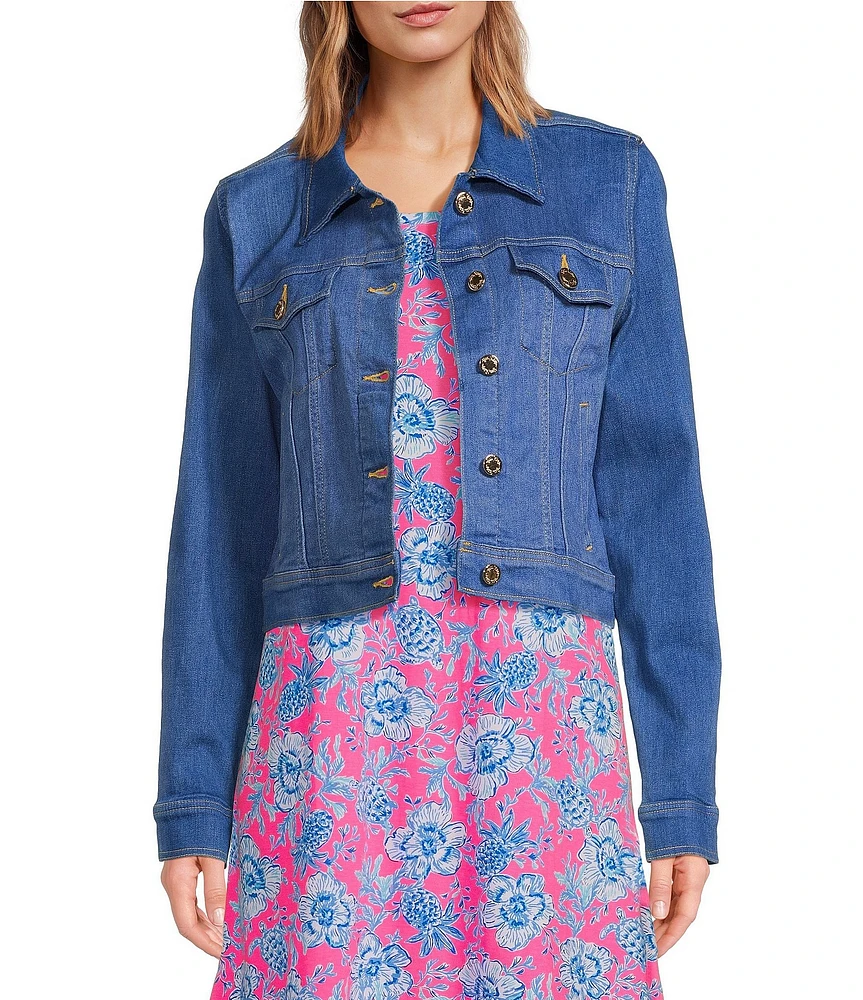 Lilly Pulitzer Seaspray Denim Point Collar Long Sleeve Chest Pocket Button Down Jacket