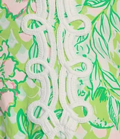 Lilly Pulitzer Shealyn Printed Poplin Stand Collar 3/4 Sleeve Lace Trim Shift Dress