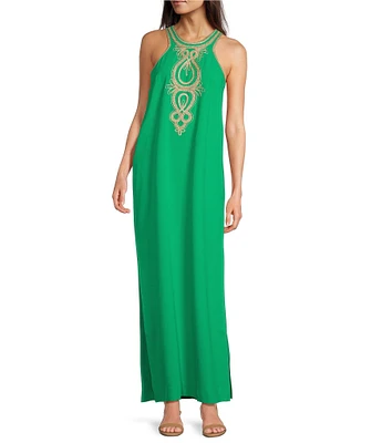 Lilly Pulitzer Taylane Satin Back Crepe Scoop Neck Sleeveless Embroidered Maxi Shift Dress