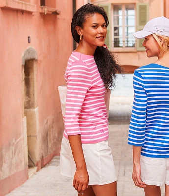 Lilly Pulitzer x Saint James Voissey Contrast Stripe Round Neck 3/4 Sleeve Fine Gauge Knit Sweater