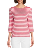 Lilly Pulitzer x Saint James Voissey Contrast Stripe Round Neck 3/4 Sleeve Fine Gauge Knit Sweater